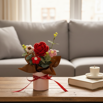 Knitted Flower Bouquet Crochet Rose Flowers Hugging Bucket New Year Gifts Living Room Desk Decoration Valentine's Day Gift