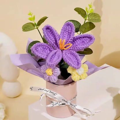 Knitted Flower Bouquet Crochet Rose Flowers Hugging Bucket New Year Gifts Living Room Desk Decoration Valentine's Day Gift