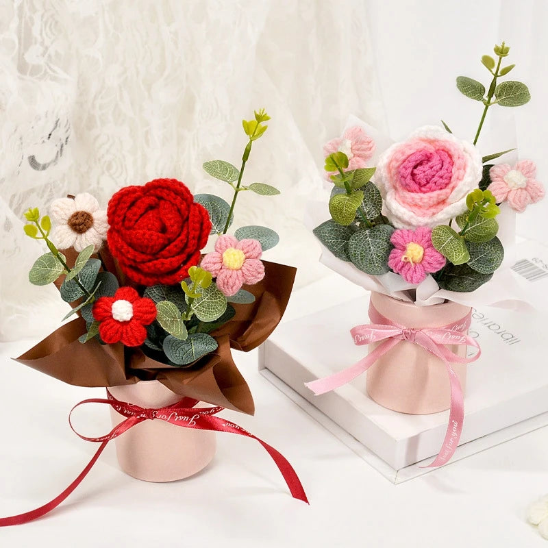 Knitted Flower Bouquet Crochet Rose Flowers Hugging Bucket New Year Gifts Living Room Desk Decoration Valentine's Day Gift