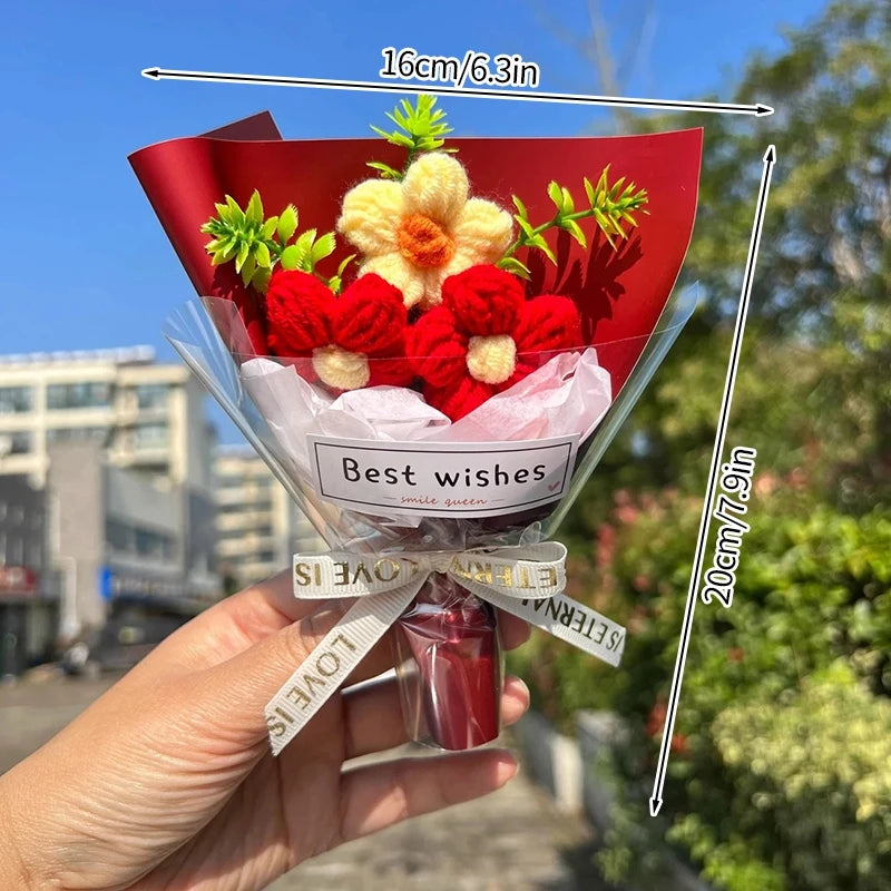 Knitted Flower Bouquet Crochet Rose Flowers Hugging Bucket New Year Gifts Living Room Desk Decoration Valentine's Day Gift