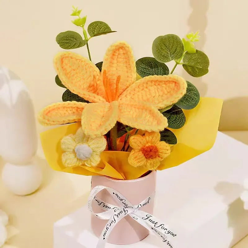 Knitted Flower Bouquet Crochet Rose Flowers Hugging Bucket New Year Gifts Living Room Desk Decoration Valentine's Day Gift