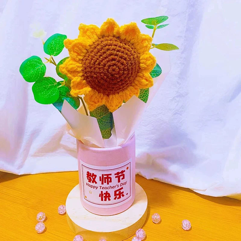 Knitted Flower Bouquet Crochet Rose Flowers Hugging Bucket New Year Gifts Living Room Desk Decoration Valentine's Day Gift