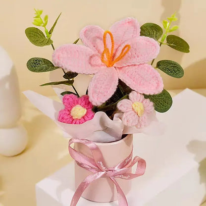 Knitted Flower Bouquet Crochet Rose Flowers Hugging Bucket New Year Gifts Living Room Desk Decoration Valentine's Day Gift