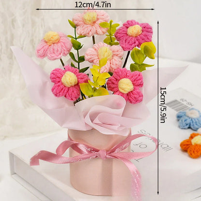 Knitted Flower Bouquet Crochet Rose Flowers Hugging Bucket New Year Gifts Living Room Desk Decoration Valentine's Day Gift
