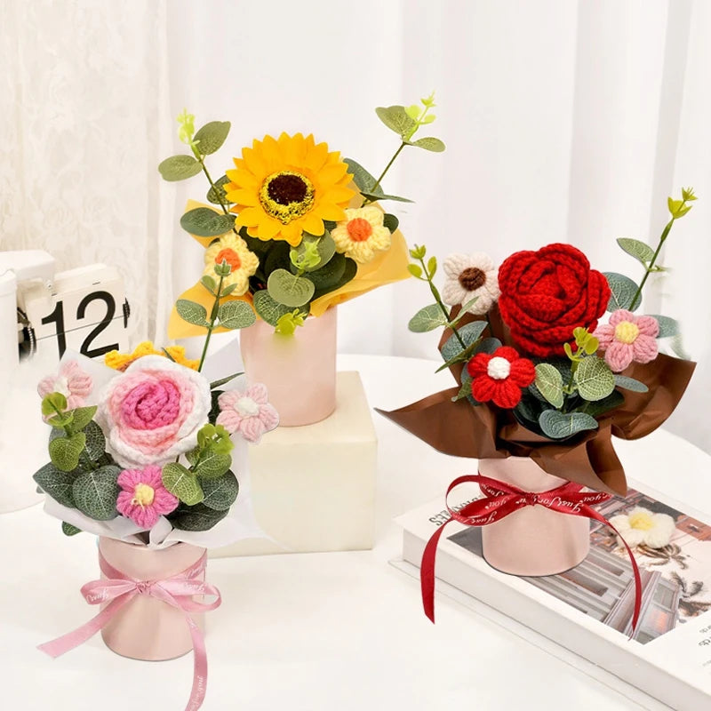 Knitted Flower Bouquet Crochet Rose Flowers Hugging Bucket New Year Gifts Living Room Desk Decoration Valentine's Day Gift