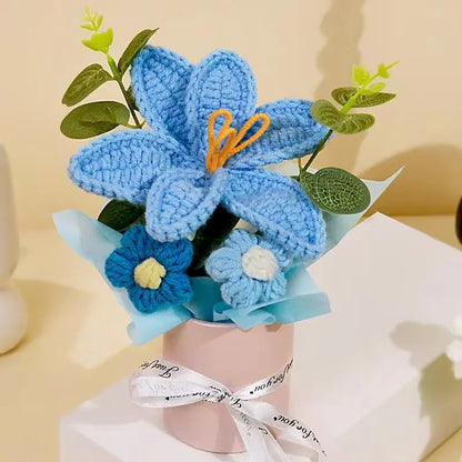 Knitted Flower Bouquet Crochet Rose Flowers Hugging Bucket New Year Gifts Living Room Desk Decoration Valentine's Day Gift