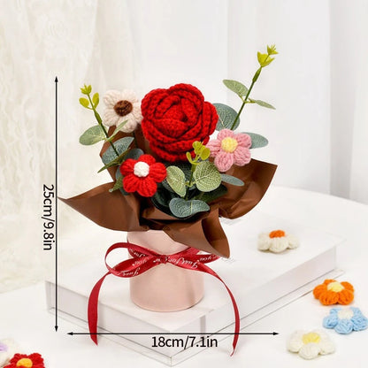 Knitted Flower Bouquet Crochet Rose Flowers Hugging Bucket New Year Gifts Living Room Desk Decoration Valentine's Day Gift